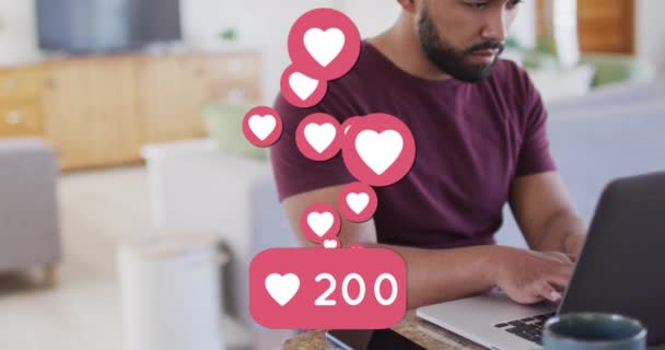 Animation Numbers Social Media Heart Icons Biracial Man Using Laptop — Stock Video