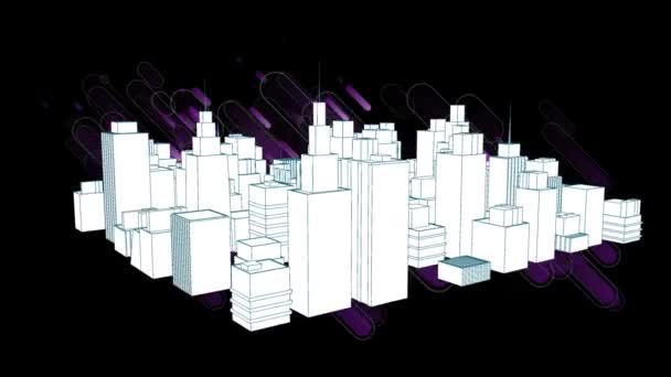 Анимация Фиолетовых Трасс Огней Над Трехмерным Городским Пейзажем Глобальные Подключения — стоковое видео