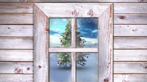 Animación Caída Nieve Árbol Navidad Paisaje Invierno Visto Través Ventana — Vídeos de Stock