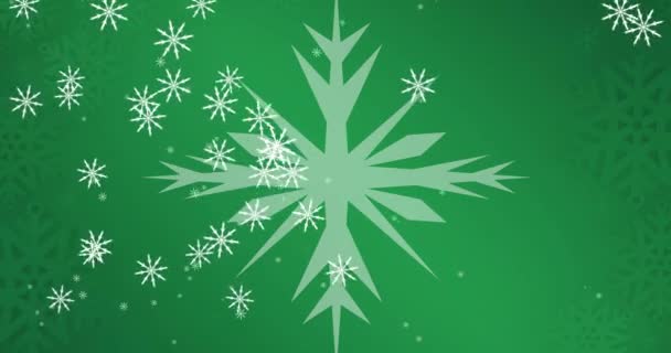 Animatie Van Sneeuw Vallen Sneeuwvlokken Met Kerst Groene Achtergrond Kerstmis — Stockvideo