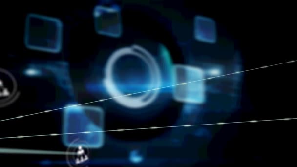 黒の背景に青の図形上のアイコンとの接続のネットワークのアニメーション 世界規模の接続 データ処理 デジタルインターフェースの概念デジタル生成ビデオ — ストック動画