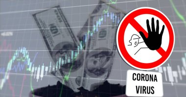 Finansal piyasa veri işleme ve Amerikan dolarlarına karşı covid 19 uyarı işareti. küresel finans ve koronavirüs covid 19 salgın konsepti