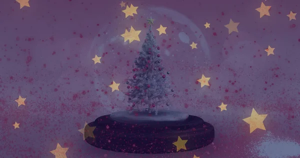 Gri Arkaplanda Kar Küresinin Üzerine Düşen Yıldızların Görüntüsü Noel Gelenek — Stok fotoğraf