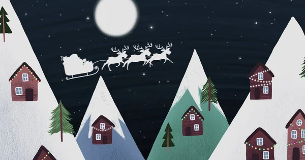 Bild Einer Weißen Silhouette Des Weihnachtsmannes Schlitten Gezogen Von Rentieren — Stockfoto