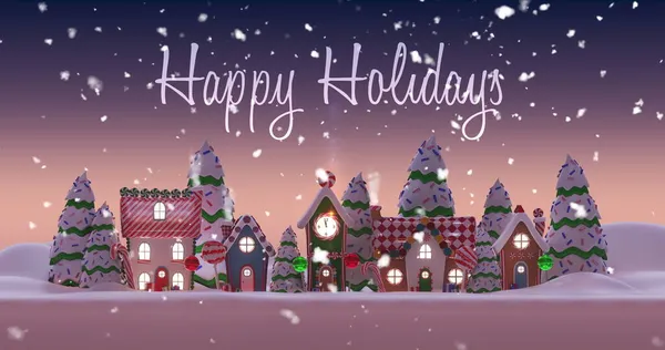 Image Happy Holidays Written Shiny Letters City Covered Snow Snow — Stock Photo, Image