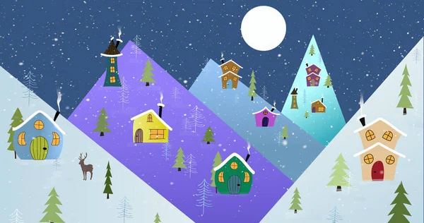 Image Wintery Christmas Scene Night Snow Falling Houses Moon Mountains — Stock Photo, Image