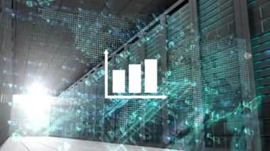 Bilgisayar sunucuları üzerinde istatistik ve veri işleme animasyonu. küresel bağlantılar ve veri işleme konsepti dijital olarak oluşturulmuş video.