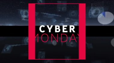 Çoklu yuvarlak tarayıcılar ve veri işleme karşı siber pazartesi metin afişi dijital animasyonu. satış indirimi ve perakende iş konsepti