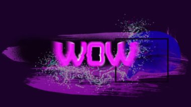 Vay be metninin animasyonu koyu arkaplanda hareket eden renkli grafiklerin üzerinde. Video oyunu, eğlence ve dijital arayüz kavramı dijital olarak oluşturuldu.