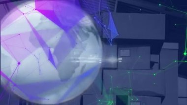 Depo üzerinden veri işleme ile küresel ve dijital arayüzün animasyonu. küresel gönderim, dağıtım, iş, veri işleme ve teknoloji konsepti dijital olarak oluşturulmuş video.