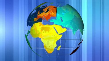 Dijital arkaplan üzerinde dönen dünyanın animasyonu. Toprak ve küreselleşme, renk ve hareket kavramı dijital olarak oluşturulmuş video.
