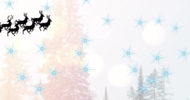 Kış manzarası ve kızakta Noel Baba animasyonu. Noel, kış, gelenek ve kutlama konsepti dijital olarak oluşturulmuş video.