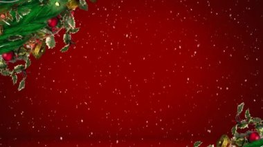 Kırmızı arka planda fotokopi alanına düşen kar çelenkleri. Noel şenliği ve kutlama konsepti