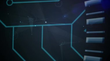 Siyah arkaplandaki mavi şekiller üzerinden bağlantı ağlarının animasyonu. küresel bağlantılar, veri işleme ve dijital arayüz konsepti dijital olarak oluşturulmuş video.