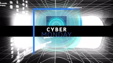 Çoklu yuvarlak tarayıcılar ve veri işleme karşı siber pazartesi metin afişi dijital animasyonu. satış indirimi ve perakende iş konsepti