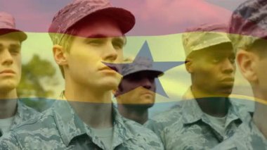 Çeşitli askerlerin üzerinde sallanan Gana bayrağının animasyonu. Silahlı kuvvetler, kamu savunması, vatanseverlik ve bağımsızlık kavramı dijital olarak oluşturulmuş video.