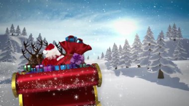 Noel Baba 'nın üzerine kar yağan animasyon kış manzarasında ren geyikleriyle birlikte. Noel, kış, gelenek ve kutlama konsepti dijital olarak oluşturulmuş video.