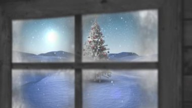 Kış manzarasında Noel ağacının üzerine düşen kara karşı ahşap pencere çerçevesi. Noel şenliği ve kutlama vektör illüstrasyonu kavramı