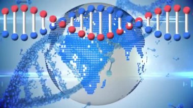 DNA iplikçiklerinin ve moleküllerin dünya üzerinde dönüşünün animasyonu. Bilim ve veri işleme kavramı dijital olarak oluşturulmuş video.