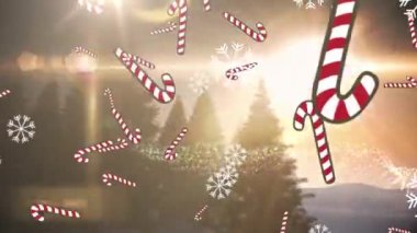 Kış manzarasında Noel ağacına düşen çoklu şeker kamışı ikonları ve kar taneleri. Noel şenliği ve kutlama konsepti