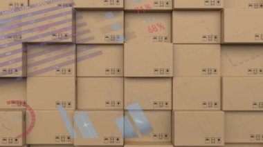 Arka plandaki karton kutular üzerinde istatistik işleme animasyonu. küresel gönderim ve bağlantılar konsepti dijital olarak oluşturulmuş video.