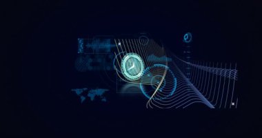 Koyu arkaplanda saatle dijital arayüzün animasyonu. küresel bağlantılar, dijital arayüz, teknoloji ve ağ konsepti dijital olarak oluşturulmuş video.