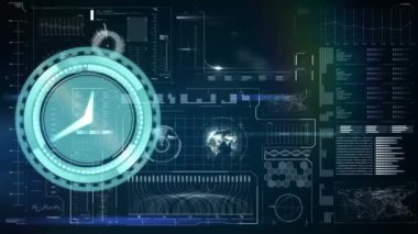Saatin animasyonu ve ekranda küreyle birlikte veri işleme. küresel bağlantılar, veri işleme ve dijital arayüz konsepti dijital olarak oluşturulmuş video.