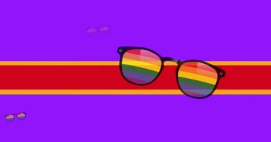 Mor arka planda gökkuşağı bayrağı ve gözlük animasyonu. lgbt hakları ve eşitlik kavramı dijital olarak oluşturulmuş video.