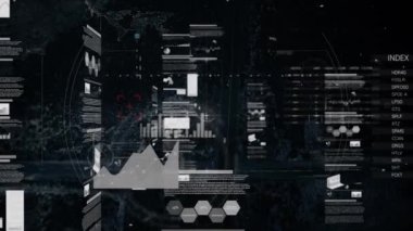 Şehir manzarası üzerinde istatistik ve veri işleme animasyonu. küresel veri işleme, dijital arayüz, teknoloji ve ağ konsepti dijital olarak oluşturulmuş video.