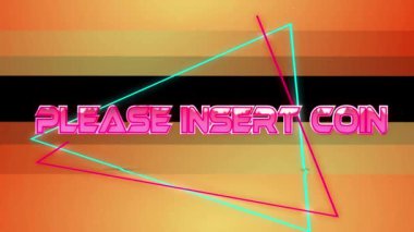 Lütfen neon şekillerin üzerine bozuk para metni ve siyah arkaplan üzerine turuncu çerçeve ekleyin. Video oyunu, eğlence ve dijital arayüz kavramı dijital olarak oluşturuldu.