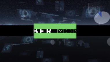 Çoklu yuvarlak tarayıcılar ve veri işleme karşı siber pazartesi metin afişi dijital animasyonu. satış indirimi ve perakende iş konsepti