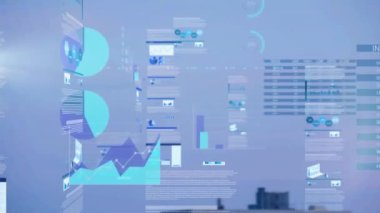 Mavi arkaplan üzerinde çeşitli verilerin canlandırılması. küresel iş, finans ve veri işleme kavramı dijital olarak oluşturulmuş video.