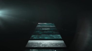 Kayaların düşüşünün animasyonu ve siyah arkaplanda dijital ekranlar. küresel bilim, veri işleme, bağlantılar ve dijital arayüz konsepti dijital olarak oluşturulmuş video.