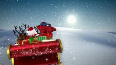 Noel Baba 'nın üzerine kar yağan animasyon kış manzarasında ren geyikleriyle birlikte. Noel, kış, gelenek ve kutlama konsepti dijital olarak oluşturulmuş video.