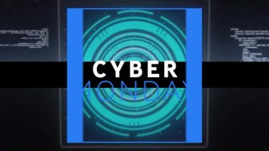 Çoklu yuvarlak tarayıcılar ve veri işleme karşı siber pazartesi metin afişi dijital animasyonu. satış indirimi ve perakende iş konsepti