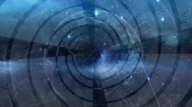 Zaman içinde hızlı hareket eden bağlantı ve dünya ağlarının animasyonu. zaman, hareket, veri işleme ve dijital arayüz konsepti dijital olarak oluşturulmuş video.