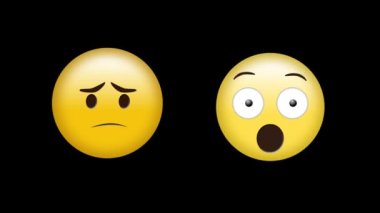Siyah arka planda üzgün ve şaşırmış emoji simgeleri canlandırması. küresel sosyal medya ve bağlantılar konsepti dijital olarak oluşturulmuş video.