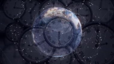 Bağlantı ağlarının ve dünyanın çok hızlı hareket eden saatlerin animasyonu. zaman, hareket, veri işleme ve dijital arayüz konsepti dijital olarak oluşturulmuş video.