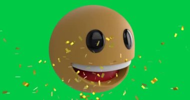 Gülümseyen emoji simgesinin üzerine düşen konfeti animasyonu yeşil ekran üzerine. küresel sosyal medya, kutlama ve iletişim konsepti dijital olarak oluşturulmuş video.