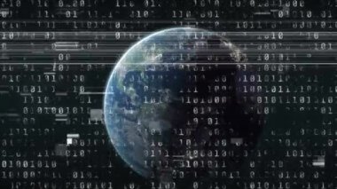 Dünya gezegeninde ikili kodlama animasyonu. küresel veri işleme, bağlantılar, dijital arayüz ve teknoloji konsepti dijital olarak oluşturulmuş video.