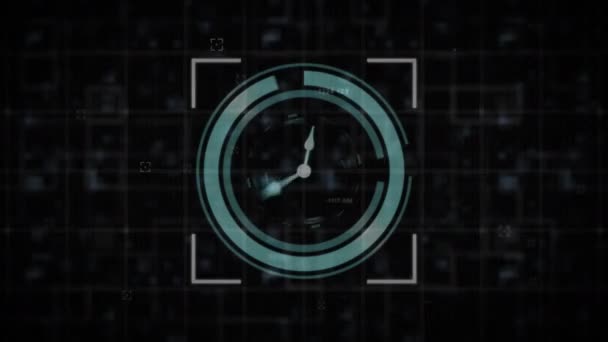 ブラックを背景に ネオンのデジタル時計の上に複数の変化する数字のデジタルアニメーション コンピュータ インターフェースとテクノロジーの概念 — ストック動画