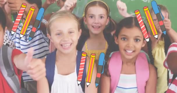 Animação Ícones Itens Escola Sobre Crianças Felizes Escola Com Polegares — Vídeo de Stock