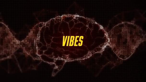 Animation Von Vibes Text Über Digitales Gehirn Auf Schwarzem Hintergrund — Stockvideo