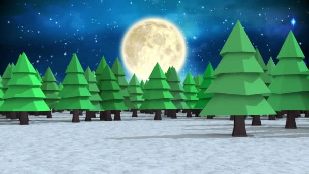 Śnieg Spadający Nad Wieloma Drzewami Zimowym Krajobrazie Przeciwko Księżycowi Nocnym — Wideo stockowe