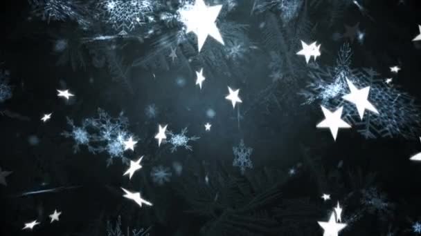 Animación Digital Copos Nieve Múltiples Iconos Estrellas Cayendo Sobre Fondo — Vídeos de Stock