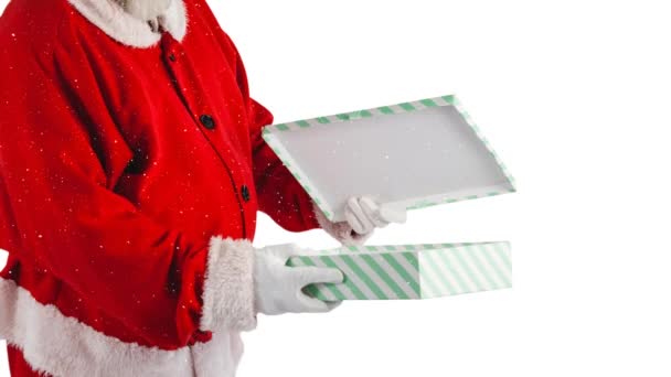 Animación Nieve Cayendo Sobre Santa Claus Sosteniendo Regalo Navidad Tradición — Vídeos de Stock