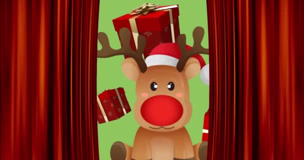 Animation Curtain Falling Gifts Reindeer Red Nose Christmas Winter Tradition — Stock Video