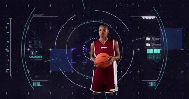 Animation African American Female Basketball Player Scope Scanning Black Background — Stock Video