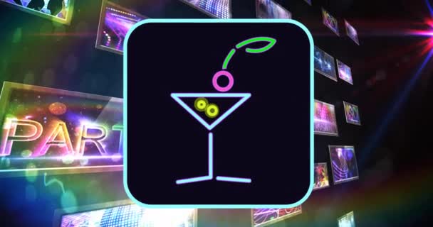 Animation Dirty Marini Neon Moving Screens Party Music Entertainment Concept — Stock Video