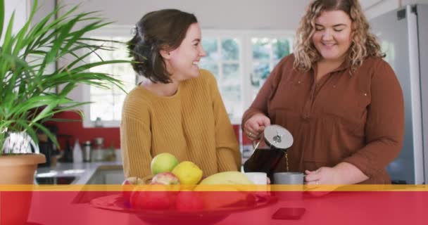 Animación Bandera Del Arco Iris Sobre Pareja Lesbiana Preparando Café — Vídeos de Stock
